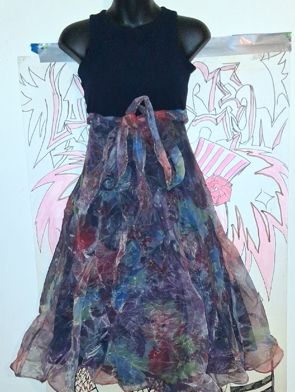 Rare Editions Navy and Black Party Dress with Pink Logo Detail